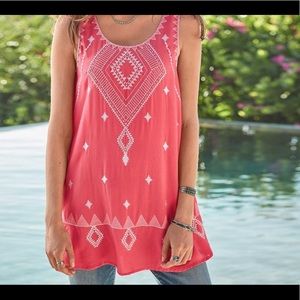 SUNDANCE Art of Geometry Embroidered Tunic Top in Coral & White Size: Med.